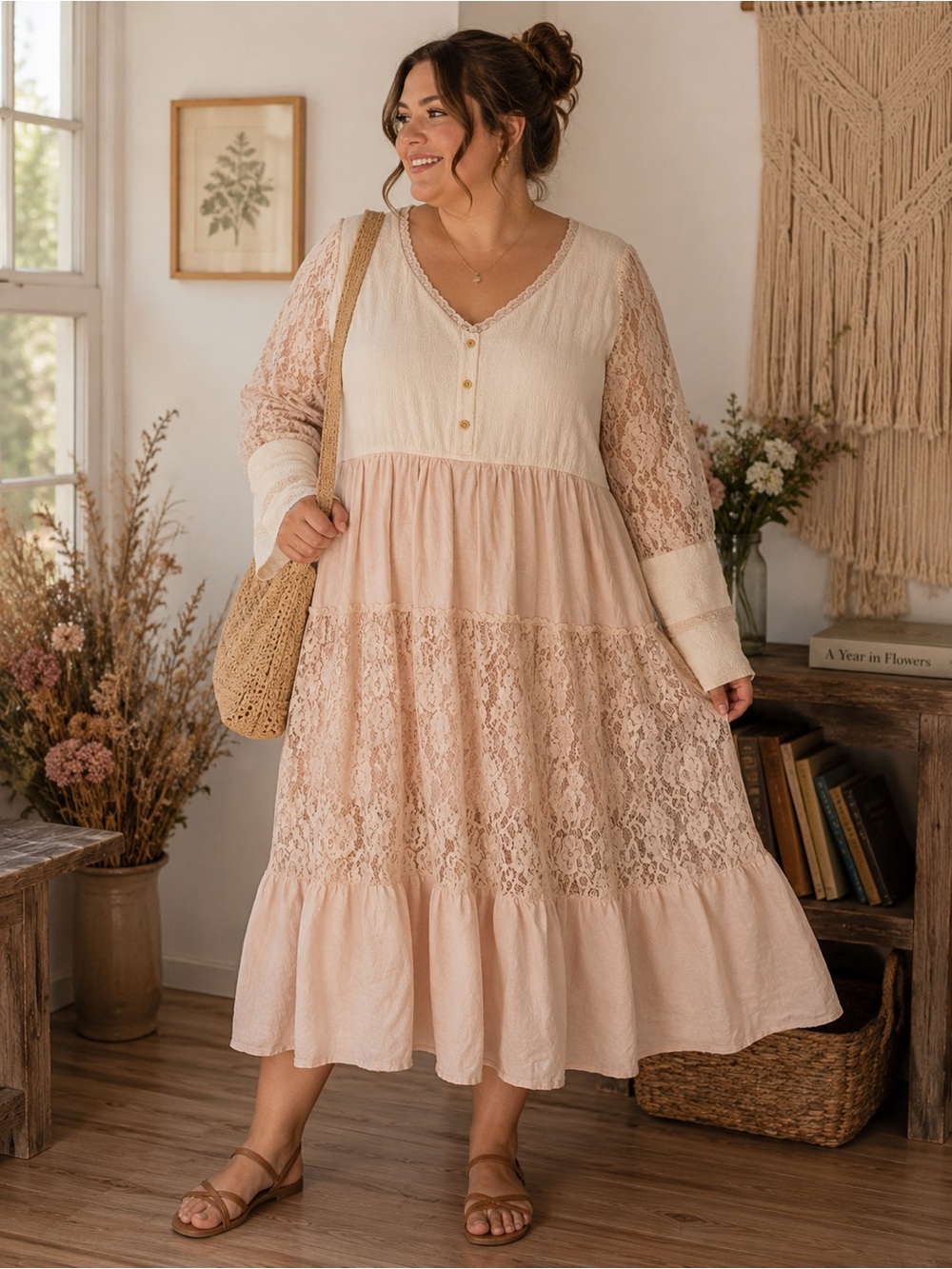 Boho Lace Tiered Midi Dress in Blush